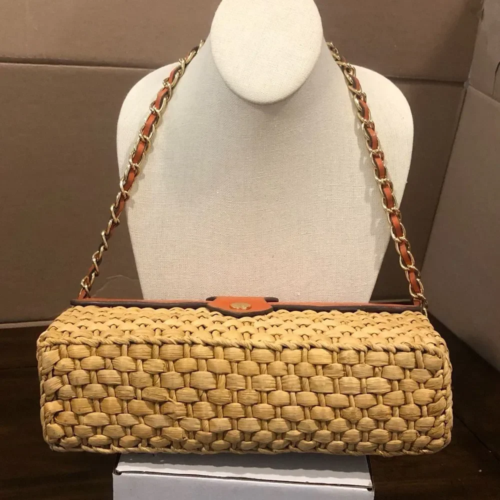 Vintage MICHAEL KORS Rattan Leather Clutch Gold Turn Lock Chain & Leather Strap